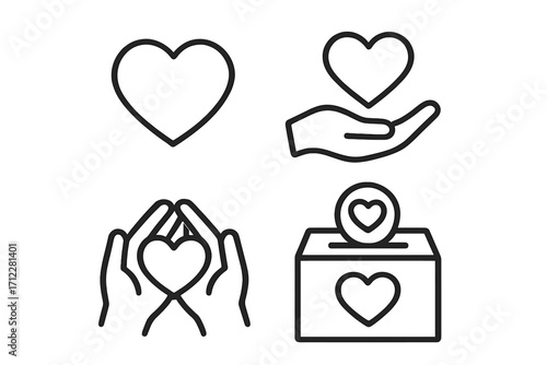 Charity and donation icon set. Linear vector symbols for love, care, and support. Heart in hand, hands protecting heart, and a fundraising box for philanthropy and help.