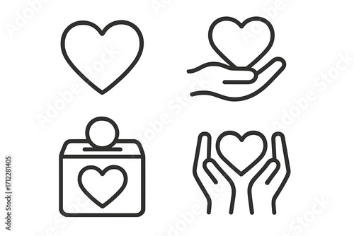 Charity and donation line icon set. Symbols of love, care, help, and support. Heart in hand, donation box, giving money concept. Volunteer & philanthropy vector graphics.
