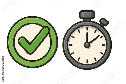 Time management concept with check mark and stopwatch. Fast work, efficiency, and productivity. Deadline met, task done, project completed. Approved sign. Success. Vector icon set.