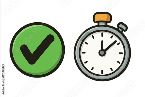 Timer stopwatch and green checkmark icon set. Symbol for deadline, countdown, and successful completion. Approved task and efficiency concept for time management. Vector graphic.