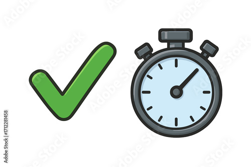 Check mark and timer stopwatch icon. Time management, productivity, efficiency concept. Metaphor for deadline, success, speed. Approved, finished, completed, done symbol.