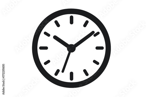 Simple clock face icon for time concepts. Watch pictogram for deadline, schedule, and timer. Analog wall clock silhouette vector illustration. Minute, hour and second hands.