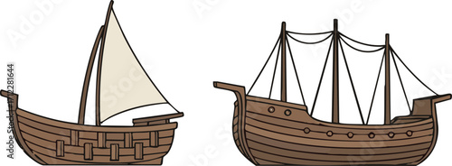 Two ancient ships sail side by side, showcasing different sail configurations and wooden construction, evoking a sense of historical maritime exploration.