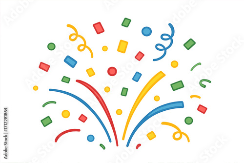 Confetti explosion vector illustration. Colorful party popper splash with ribbons. Festive design element for birthday, carnival or new year celebration. Flat cartoon graphic.