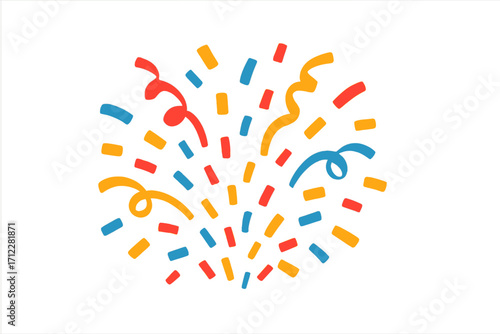 Confetti splash. Party popper explosion. Festive celebration design element. Colorful ribbon for birthday, carnival, festival. Winner surprise background. Vector illustration.