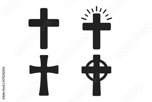 Christian cross icon set vector collection. Religious symbols silhouette. Catholic, orthodox, celtic cross. Faith, spirituality sign. Graphic illustration for Easter, church logo.