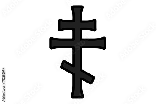 Orthodox cross silhouette icon. Russian christianity religious symbol. Eastern christian crucifix sign. Black vector graphic for faith and spirituality concepts. Religious belief.