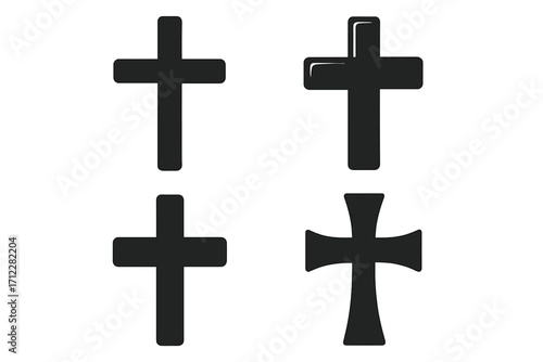 Christian cross silhouette icon set. Religious symbol collection. Black crucifix shape vector. Protestant, catholic faith sign for church, funeral, Easter, spiritual design.