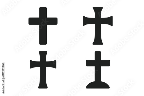 Christian cross icon set. Religious symbol collection. Vector silhouette illustration of faith, crucifix, catholic, protestant. Grave, death, resurrection, spirituality.