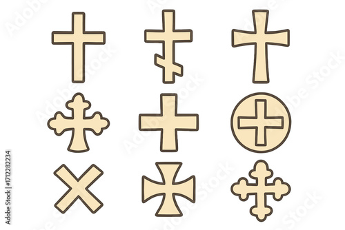 Christian cross icon set. Various religious symbols collection for faith and spirituality. Vector illustration of Orthodox, Latin, Greek, and Celtic crosses. Flat design pack.