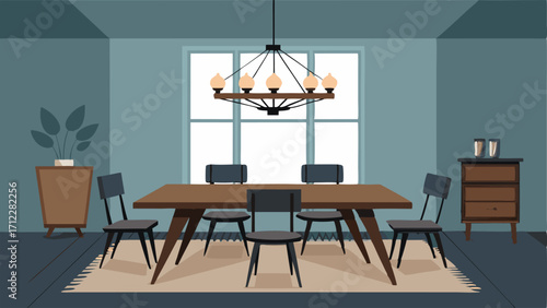 A dining room with a rustic wooden table modern black chairs and a statement chandelier made of metal and wood.
