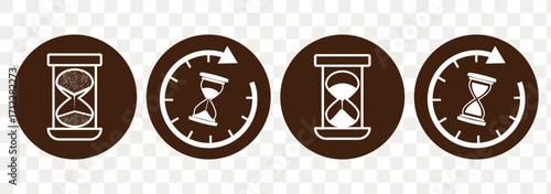 set of sand clock illustrations with varying frames and sand amounts. Hourglass shapes in multiple variations. Vector icon set of hourglasses with falling sand. Sand watch icon set. Hourglass symbol. 
