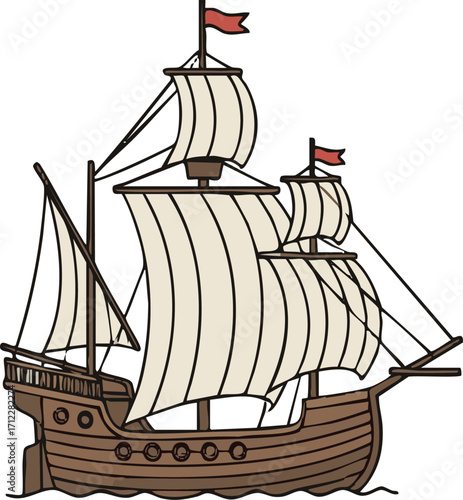 Antique sailing ship navigates the open sea with billowing sails, representing exploration and historical maritime adventures.