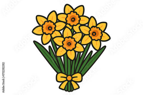 Daffodil bouquet vector icon. Yellow narcissus flowers in bloom. Spring floral arrangement for greeting card, easter, mothers day. Flat cartoon illustration isolated.