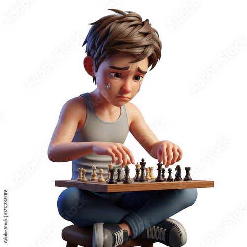 Young boy deep in thought playing a game of chess with intense concentration