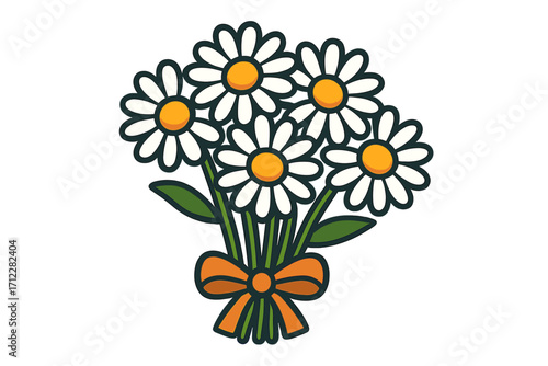 Daisy bouquet vector icon. Cartoon flower illustration in flat style. Chamomile blossom bunch with bow for gift, spring, summer, love, and celebration. Floral nature design.