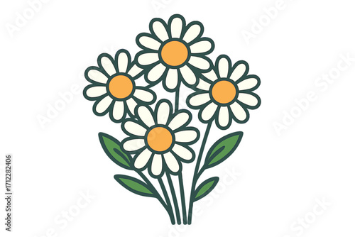 Daisy blossom bouquet icon. Flat style cartoon vector illustration. Retro chamomile flowers for spring, summer floral design. Cute simple graphic isolated on background.