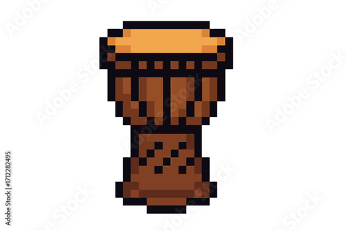 Djembe drum pixel art icon. African goblet drum musical instrument. Percussion 8-bit sprite. Retro video game asset. Ethnic music symbol. Vector cartoon illustration isolated.