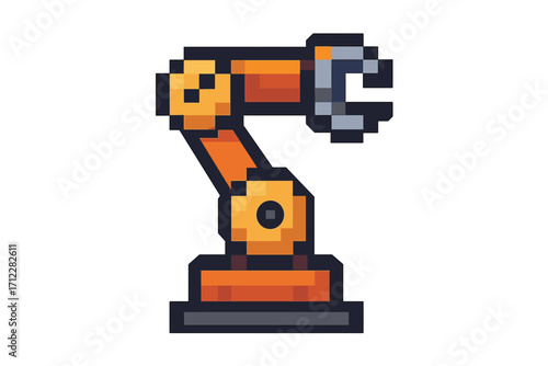 Robotic arm pixel art icon. Vector illustration of a factory manipulator. Concept for industrial automation, manufacturing, technology, and assembly line. 8-bit retro game style.