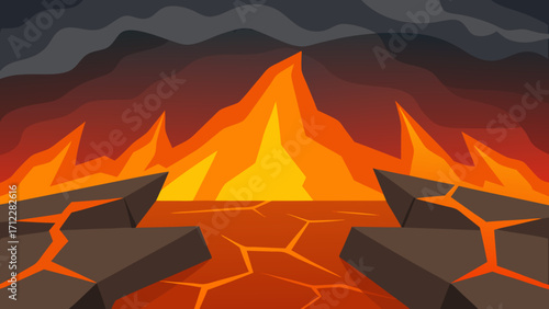 Orange flames burn against a black mountain silhouette as a red sunset descends in the sky