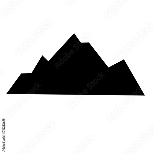 Clean, graphic vector illustration shows a mountain with rugged, snowy peaks. Simple black silhouette against a white backdrop. Isolated, mountain icon for design projects.