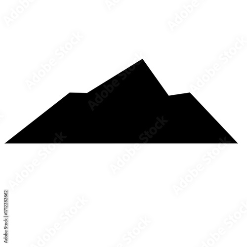 Clean, graphic vector illustration shows a mountain with rugged, snowy peaks. Simple black silhouette against a white backdrop. Isolated, mountain icon for design projects.
