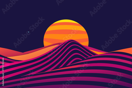 Vector illustration of a desert landscape at sunset with orange clouds and mountains in the distance