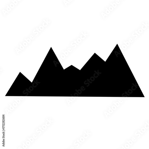 Clean, graphic vector illustration shows a mountain with rugged, snowy peaks. Simple black silhouette against a white backdrop. Isolated, mountain icon for design projects.