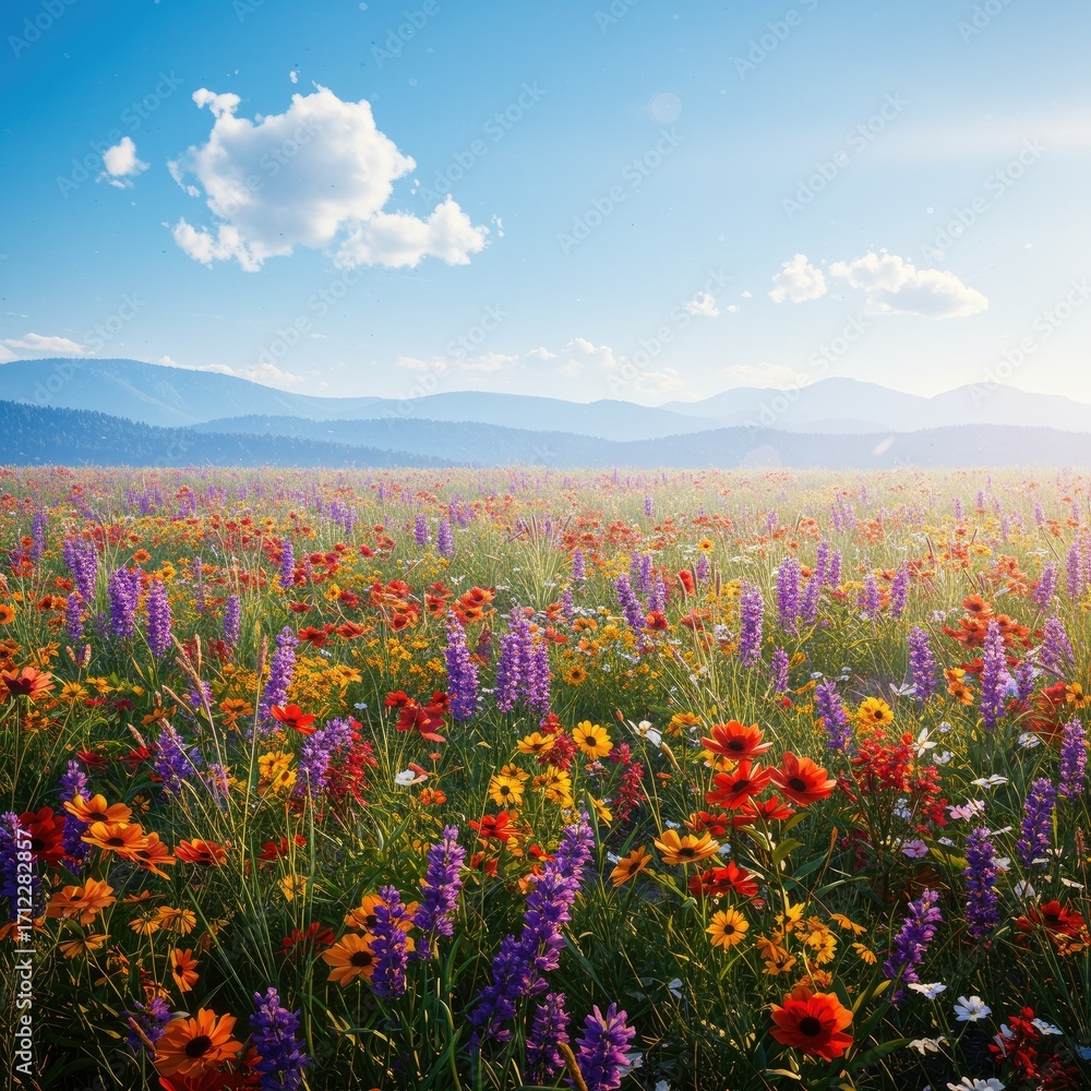 Obraz premium Hyperrealistic sunrise meadow with wildflowers, misty mountains, soft glow, vibrant colors, dreamy photorealistic atmosphere.