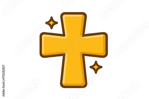 Golden cross icon. Shiny Christian religious symbol. Flat cartoon vector illustration. Holy faith crucifix sign with sparkle effect. Isolated on transparent background design element.