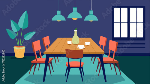 A dining area with a large reclaimed wood table and mismatched chairs.