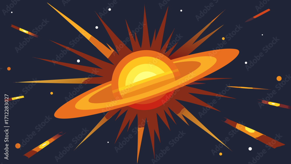 Fototapeta premium Vector illustration of a rocket flying through the dark sky with stars and a bright sun