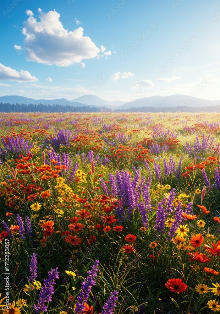 Obraz premium Hyperrealistic sunrise meadow with wildflowers, misty mountains, soft glow, vibrant colors, dreamy photorealistic atmosphere. 