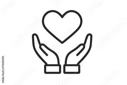 Hands holding heart line icon. Charity, donation, volunteering symbol. Love, care, and support concept. Health, hope, and kindness sign. Vector outline pictogram.