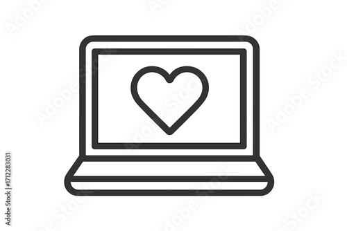 Laptop computer with heart on screen. Line art vector icon. Concept for online dating, love message, social media like, favorite, charity, donation, or healthcare. Technology connection symbol.