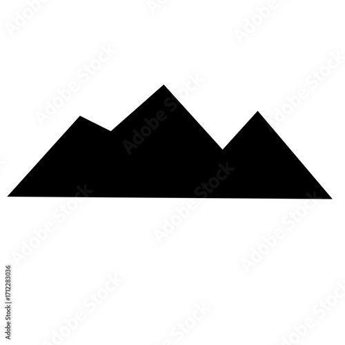Clean, graphic vector illustration shows a mountain with rugged, snowy peaks. Simple black silhouette against a white backdrop. Isolated, mountain icon for design projects.
