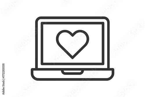 Heart on laptop screen vector line icon. Concept for online dating, love message, social media like button, favorite, health care, charity online, customer feedback. Web icon.