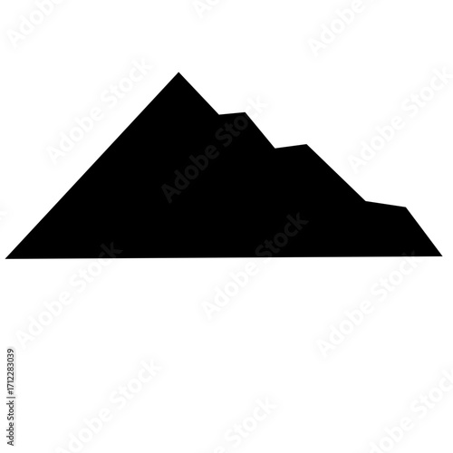 Clean, graphic vector illustration shows a mountain with rugged, snowy peaks. Simple black silhouette against a white backdrop. Isolated, mountain icon for design projects.