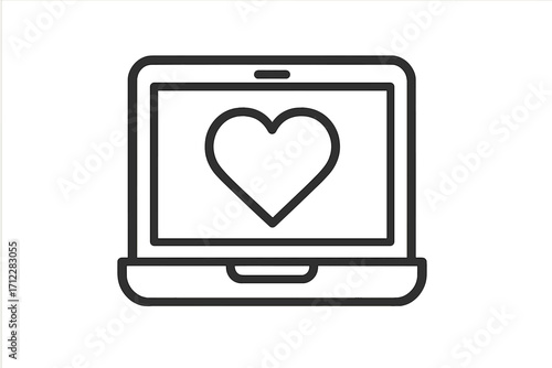 Vector icon of a laptop with a heart on the screen. Online dating app, social media like, and virtual love concept. Digital health, charity donation, and communication symbol.