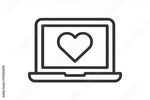 Laptop computer with heart icon on screen. Online dating app, love message, and romance concept. Favorite, like button, or social media feedback symbol. Vector illustration.
