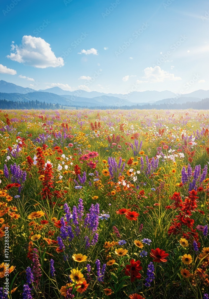 Fototapeta premium Hyperrealistic sunrise meadow with wildflowers, misty mountains, soft glow, vibrant colors, dreamy photorealistic atmosphere. 