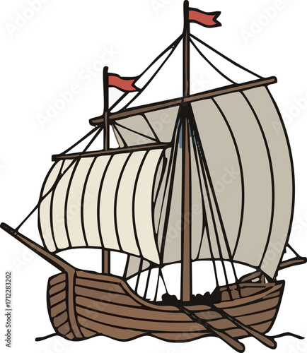 Sailing ship navigates the open sea with billowing white sails, representing exploration and adventure on a bright, sunny day.