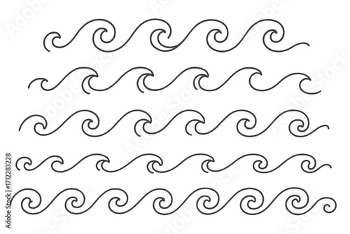 Wave line ornament set. Vector linear style sea waves collection. Simple ocean water flow, decorative curly swirl pattern. Graphic design element, border, divider for decor.