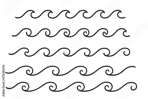Set of decorative wave line ornaments. Collection of simple linear sea and ocean wave borders. Minimalist vector graphic elements for design, dividers, and decoration.