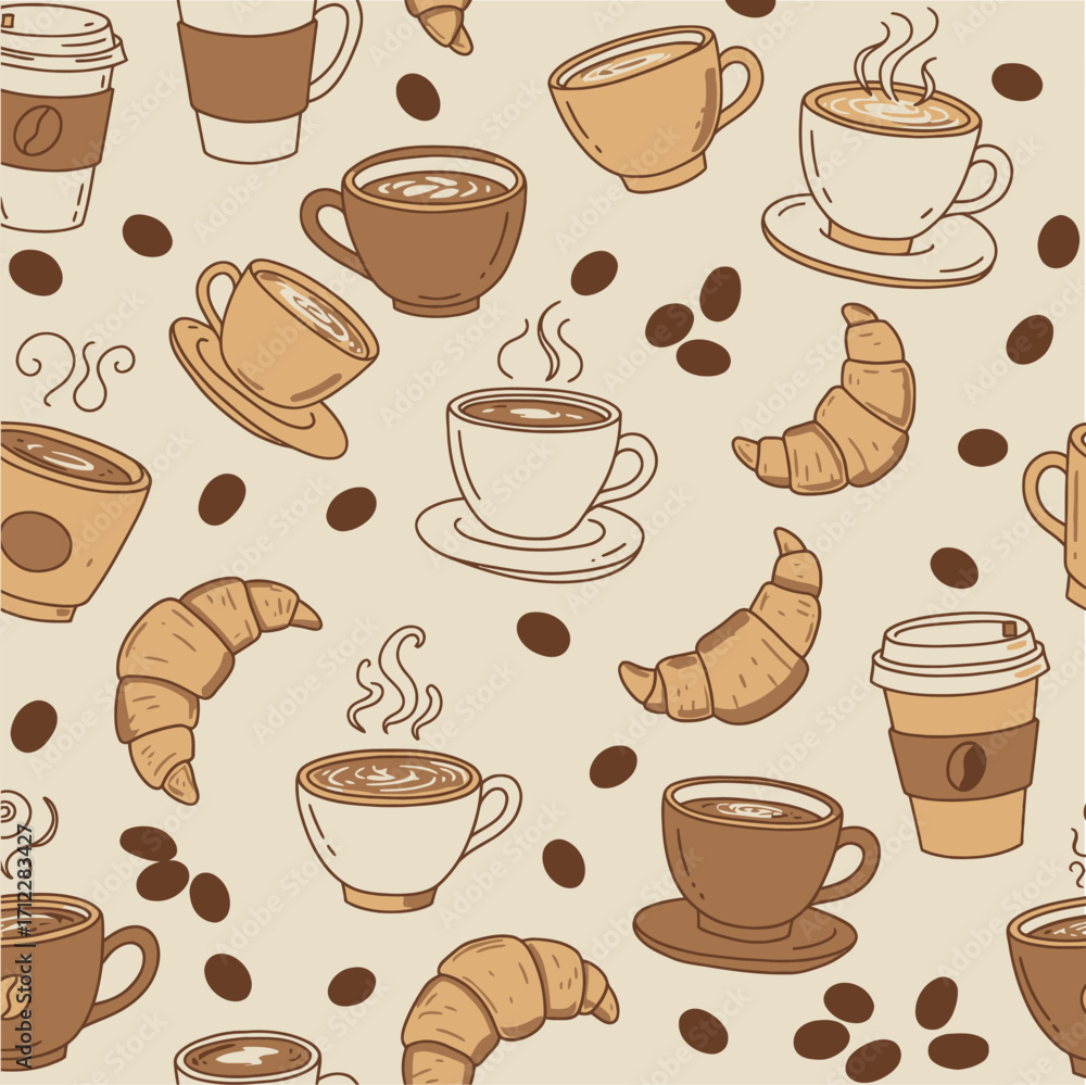 Obraz premium Seamless pattern of coffee cups croissants and coffee beans in brown and beige tones vector