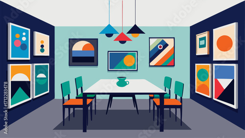 A gallery wall in the dining room featuring a mix of black and white photographs and colorful abstract paintings.