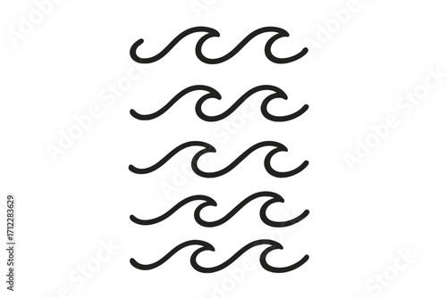 Set of simple line wave symbols. Minimalist vector graphic icons for ocean, sea, or water themes. Abstract flow ornament for surf and beach design elements. Seamless pattern.