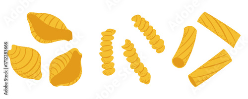 Set of various pasta shapes, ideal for cooking blogs, restaurant menus, or food packaging.