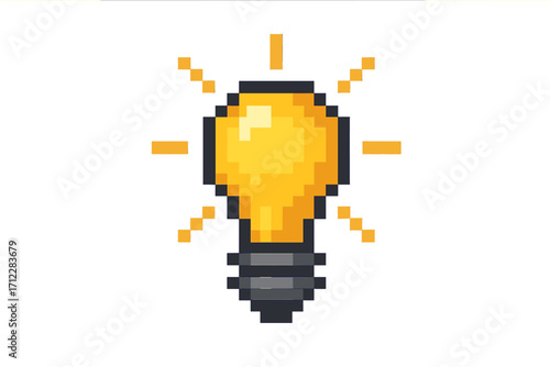 Pixel art light bulb icon. 8-bit retro style vector graphic. Concept for idea, innovation, creativity, and solution. Glowing electric lamp symbol for energy or power. Game asset.