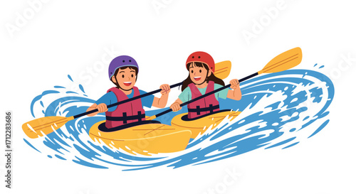 Two people paddling a yellow kayak on wavy blue water.